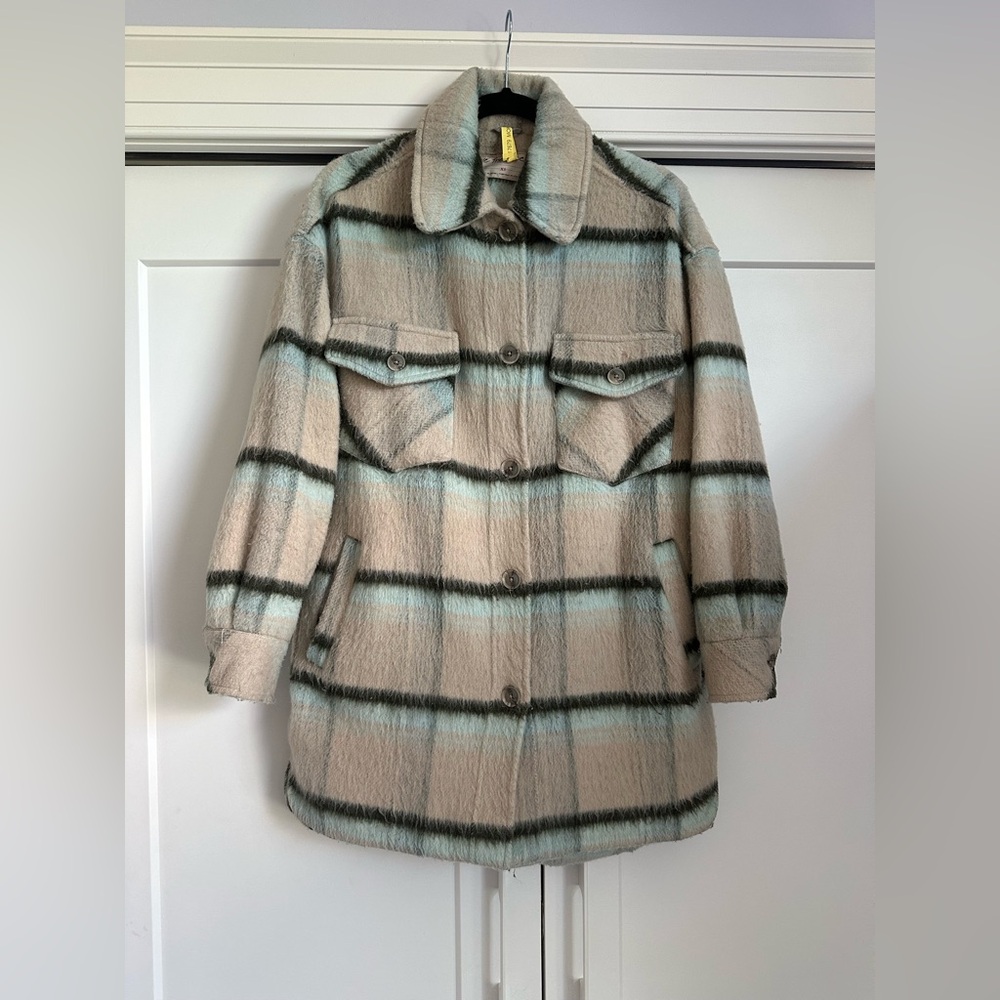 Free People Vienna Brushed Wool Plaid Oversized Shirt Jacket XS